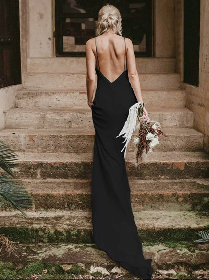Gothic Wedding Dresses Mermaid Sleeveless Satin Backless Evening Dresses With Train Bridal Dress