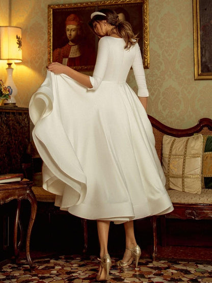 Tea-Length V-Neck Half Sleeves A-Line Satin Fabric Short Bridal Dress Short Wedding Dress