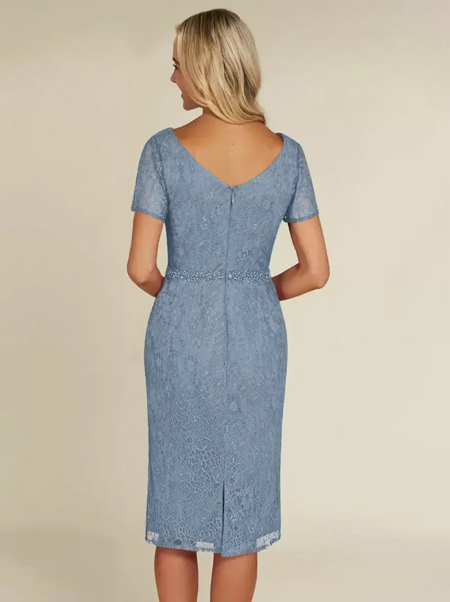 Sheath Mother of the Bride Dresse V-Neck Short Sleeves Short Lace Knee-Length Wedding Guest Dresses