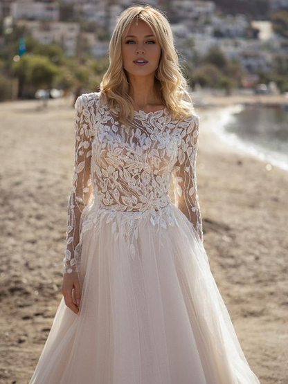 Lace Wedding Dress Court Train A-Line Long Sleeves Tulle Jewel Neck Bridal Gowns
