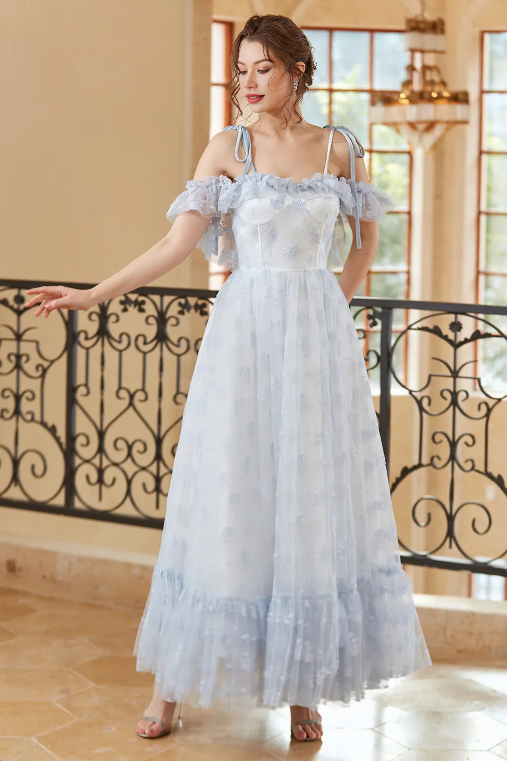Princess A Line Off the Shoulder Light Blue Long Prom Dress Wedding Guest Dresses
