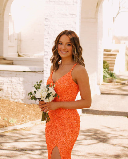 Cute Mermaid V Neck Straps Orange Sequins Prom Dresses with Slit