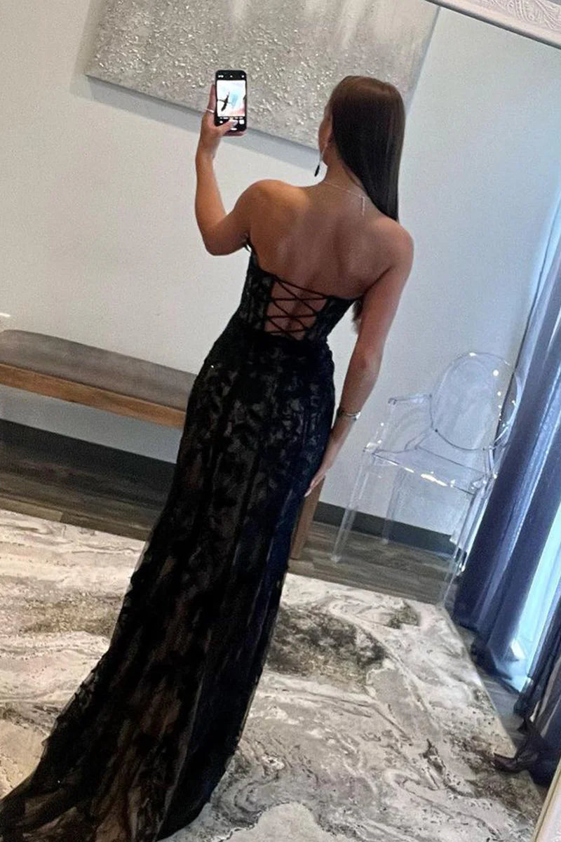 Mermaid Strapless Black Lace Long Prom Dresses With Slit