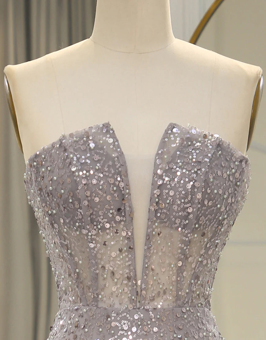 Sparkly Grey Strapless Mermaid Prom Dress Split With Feather