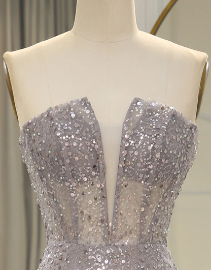 Sparkly Grey Strapless Mermaid Prom Dress Split With Feather