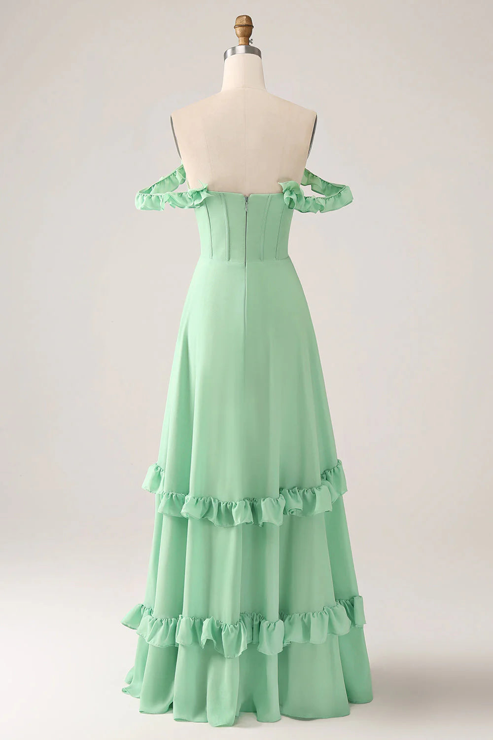 Green A-line Off Shoulder Chiffon Corset Long Bridesmaid Dress