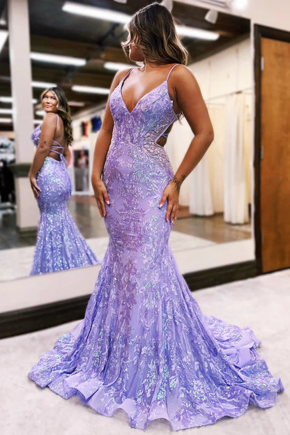 Stunning Blue Sequin Lace V-Neck Long Dress Tulle Long Prom Dress Party Dress