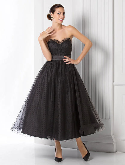 Ball Gown Little Black Dress Dress Holiday Tea Length Sleeveless Sweetheart Tulle with Sash / Ribbon
