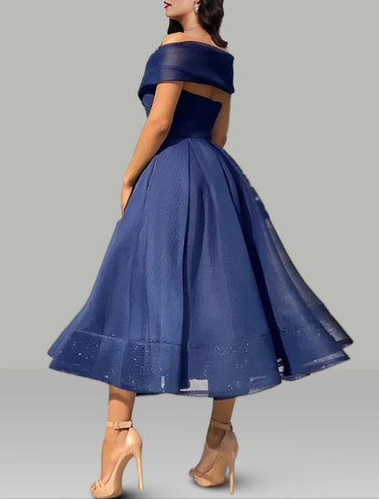 A-Line Prom Dresses Vintage Dress Wedding Guest Tea Length Off Shoulder with Ruched