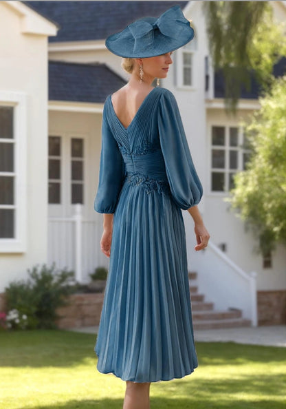 A-Line Mother of the Bride Dress V Neck Tea Length Chiffon 3/4 Length Sleeve with Lace