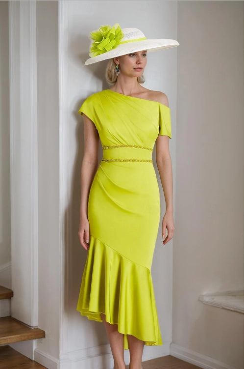 Mermaid / Trumpet Wedding Guest Dresses Tea Length Short Sleeve One Shoulder with Strappy