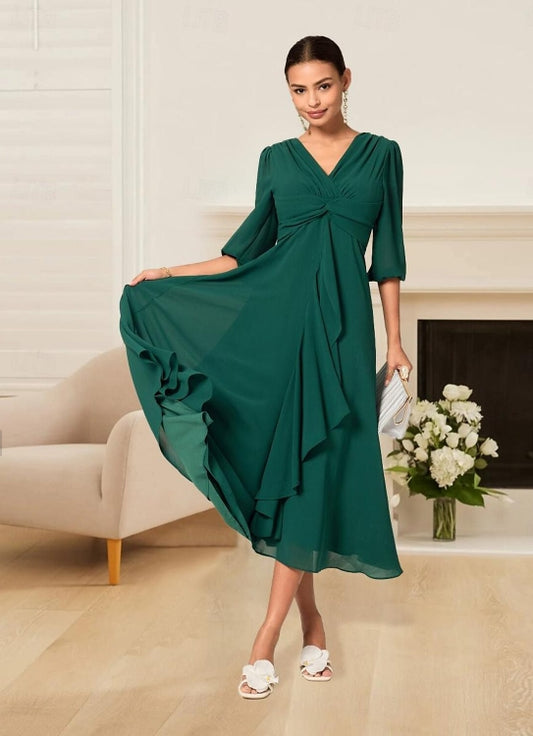 A Line Dress Chiffon Ruffle Party Wedding Guest Elegant Formal V Neck 3/4 Length Sleeve Flared Sleeve