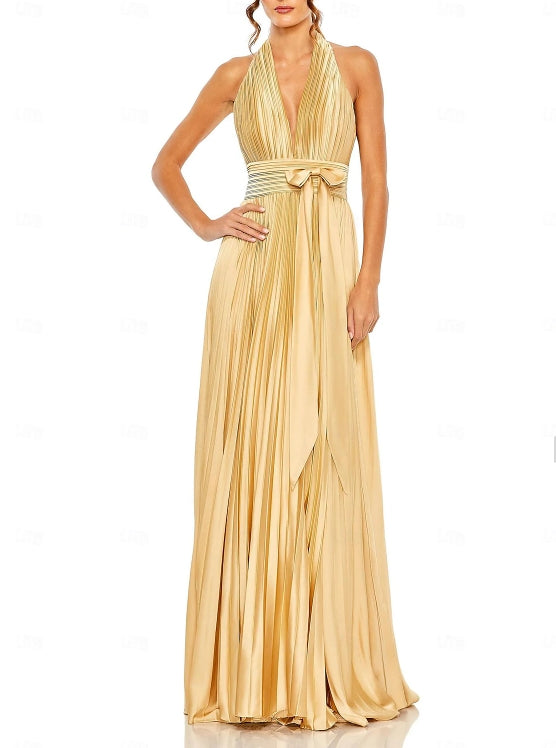 Wedding Guest Dresses Formal Black Tie Floor Length Sleeveless Halter Neck with Bow(s) Pleats