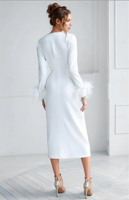 Sheath / Column Wedding Guest Dresses Formal Tea Length Jewel Neck with Feather