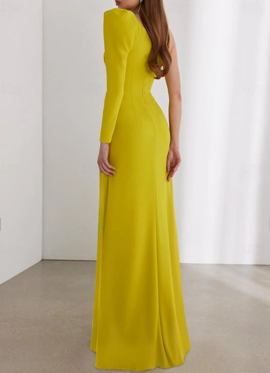 Column Ruched Wedding Guest Dresses Floor Length Long Sleeve One Shoulder Stretch Chiffon