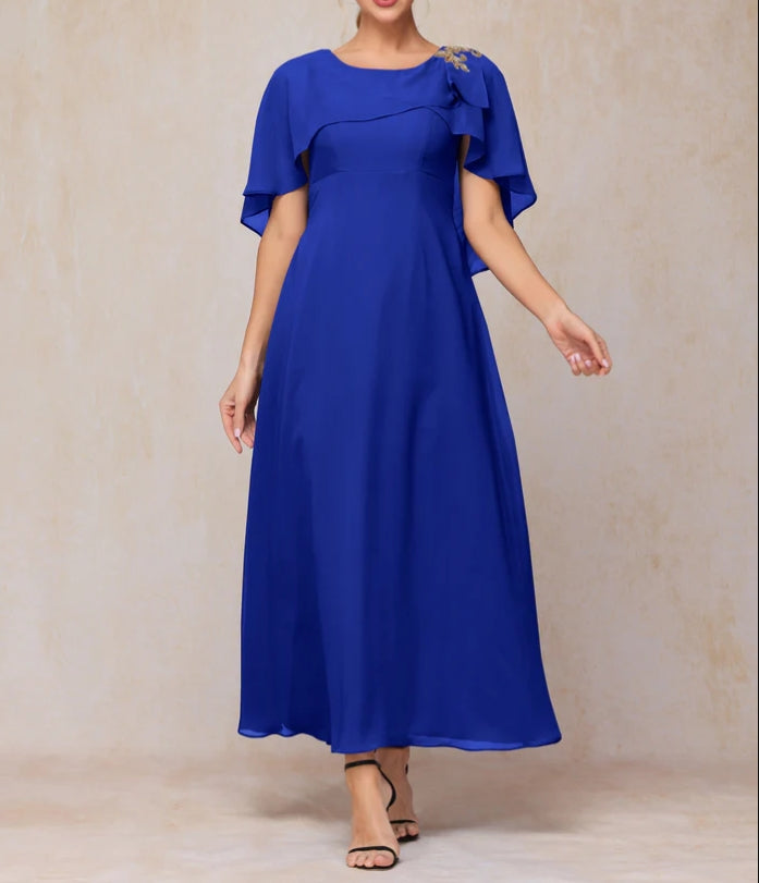 Short Sleeves Ankle Length Cape Chiffon Mother Of The Bride Dress