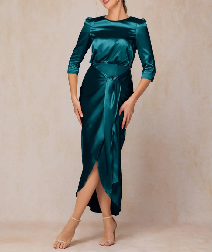 Sheath Half Sleeves Ankle Length Soft Satin Mother Of The Bride Dress