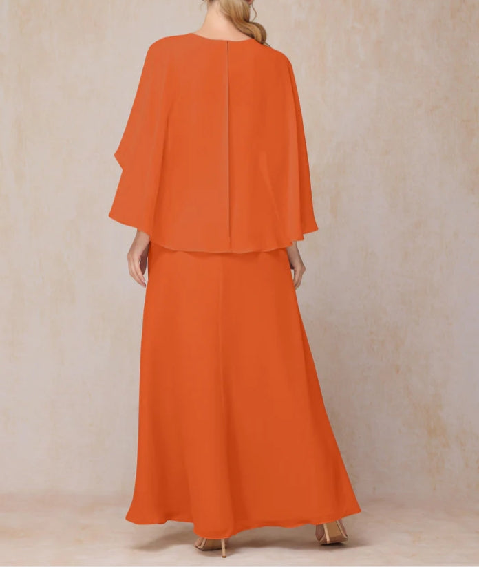 A Line Floor Length Chiffon Mother Of The Bride Dress With Cape