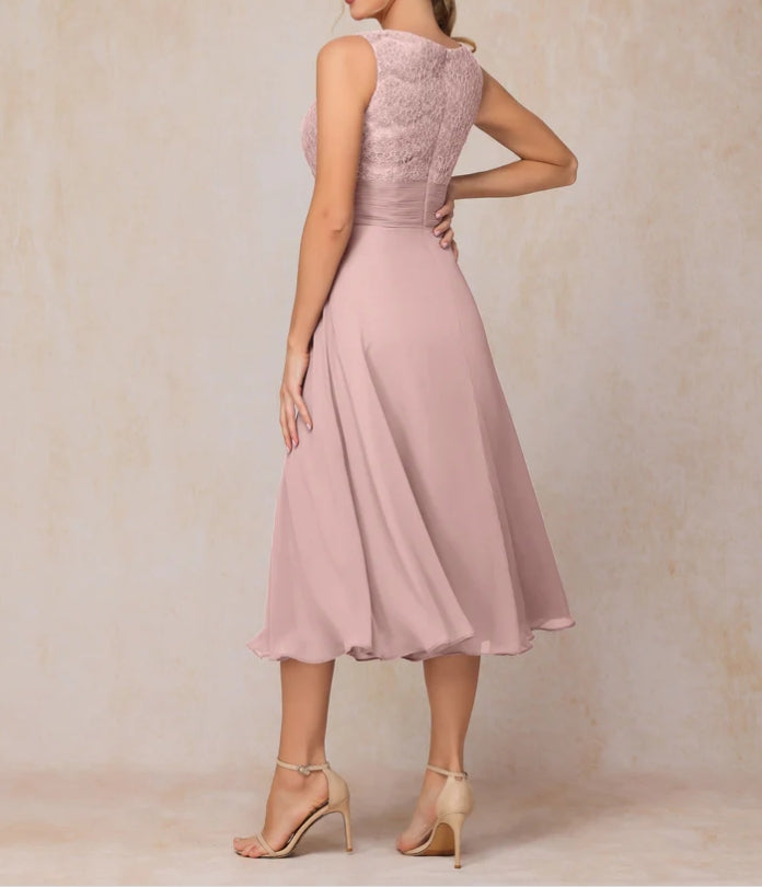 A Line Tea Length Chiffon Lace Mother Of The Bride Dress