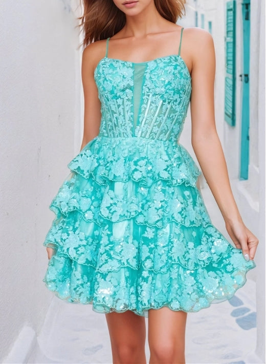 A-Line Princess Lace-Up Ruffled Short Sequin Homecoming Dress