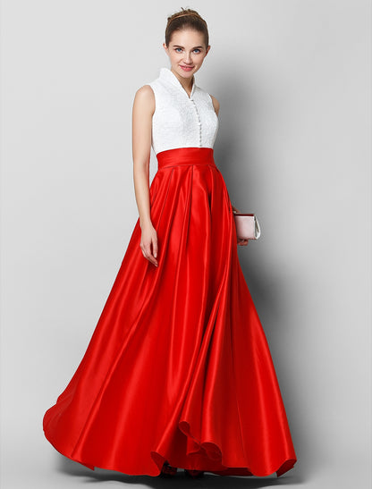 A-Line Formal Evening Black Tie Gala Floor Length Sleeveless High Neck Satin with Pleats