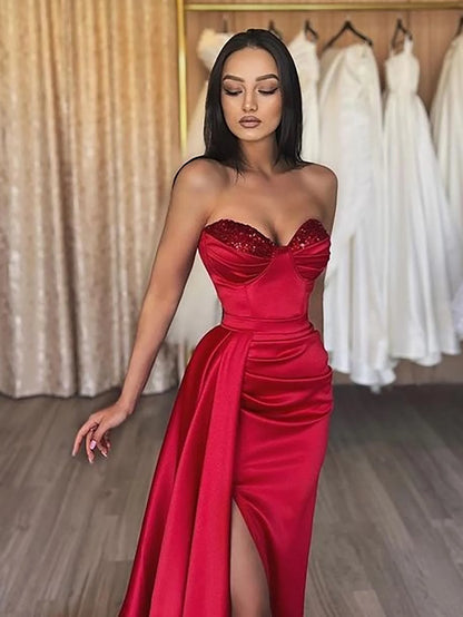 Burgundy Sweetheart Satin Long Prom Dress With Slit