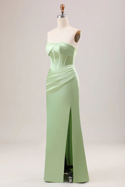 Green Mermaid Strapless Pleated Bridesmaid Dress With Slit