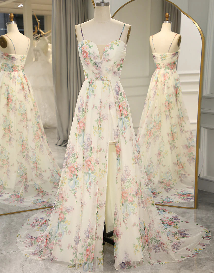 A-Line Spaghetti Straps Long Prom Dress Floral Print With Split