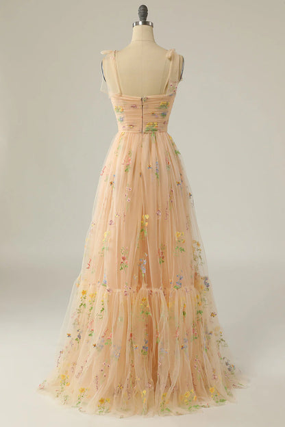 A Line Spaghetti Strap Tulle Prom Dress With Embroidery