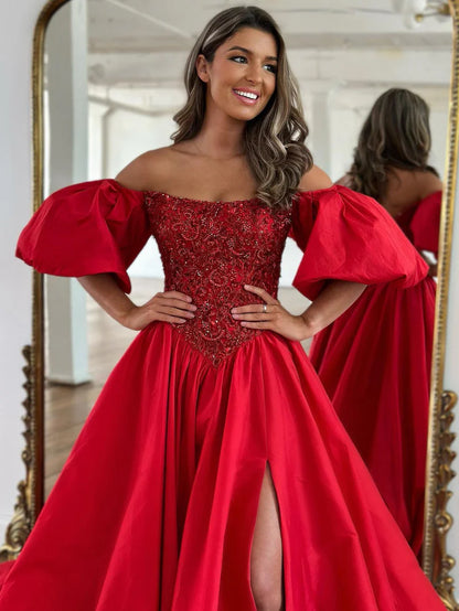 A-Line Off The Shoulder Taffeta Prom Dress Short Puffy Sleeves With Slit