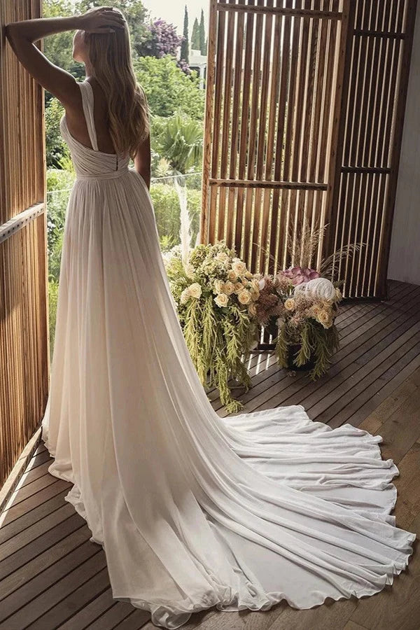 A-Line Long Chiffon Sweetheart Wedding Dresses With Slit