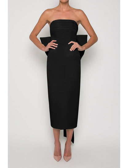 Sheath / Column Cocktail Dresses Party Dress Wedding Guest Sleeveless Strapless Fall Wedding Reception Satin with Bow(s)