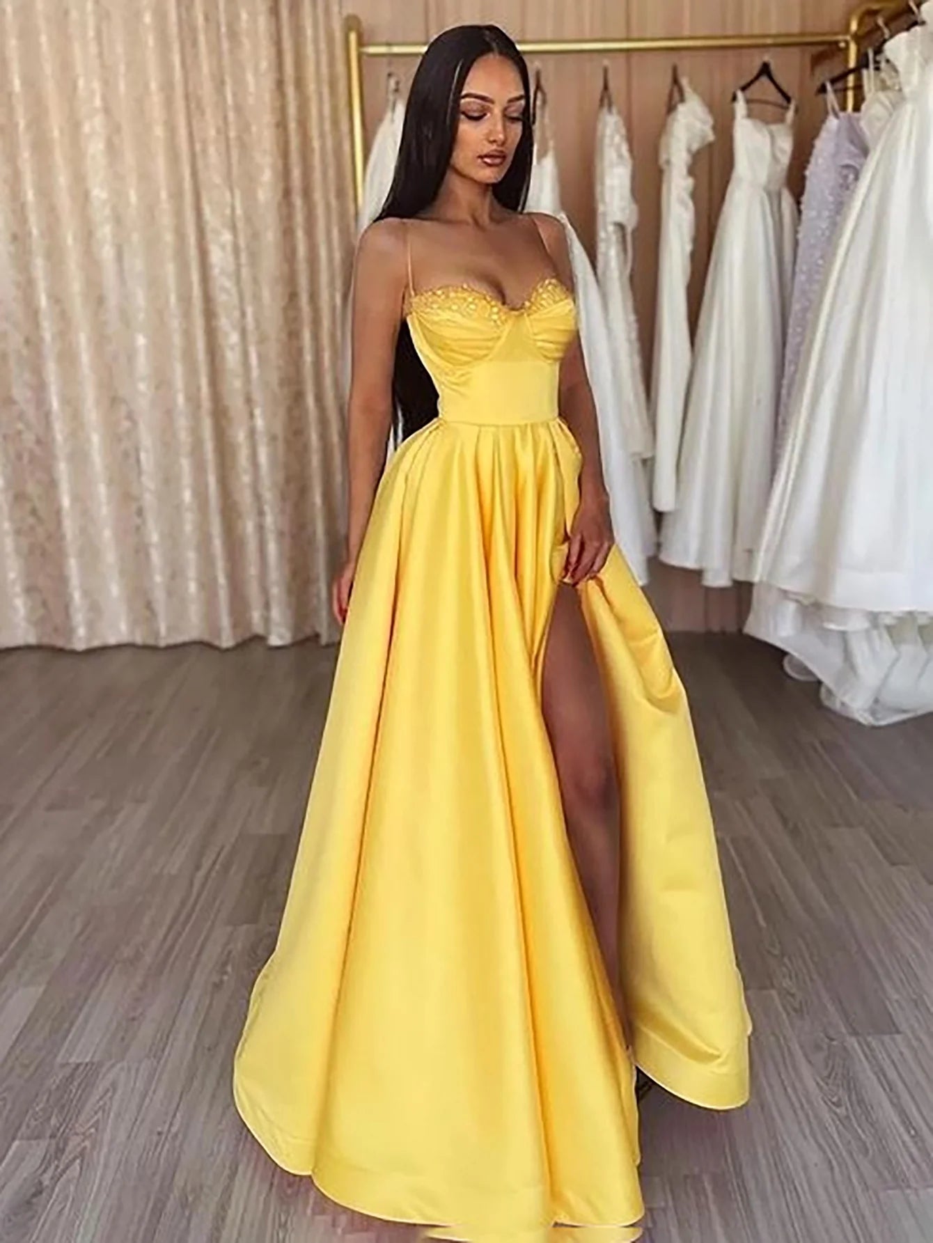 Yellow A-Line Spaghetti Straps Sleeveless Long Prom Dress With Slit