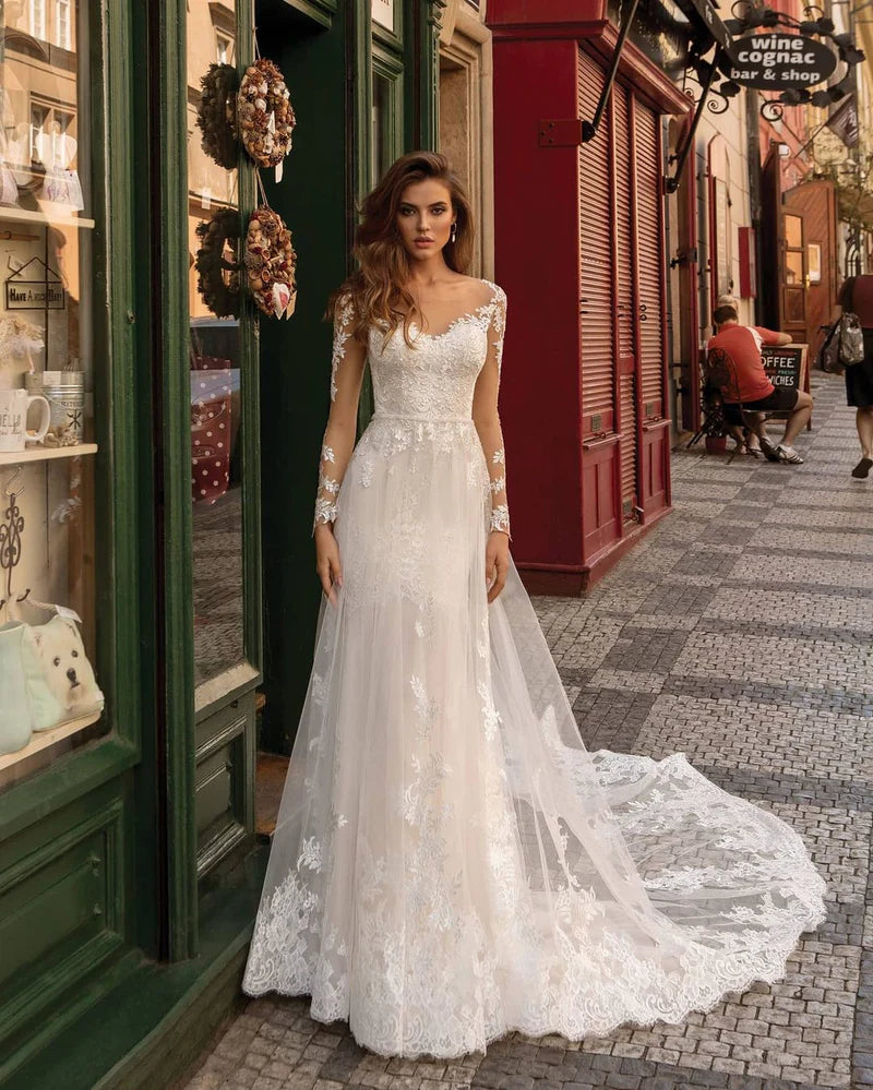 Long Sleeves Mermaid Lace Ivory Wedding Dress Court Train Dresses
