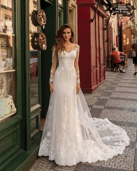 Long Sleeves Mermaid Lace Ivory Wedding Dress Court Train Dresses