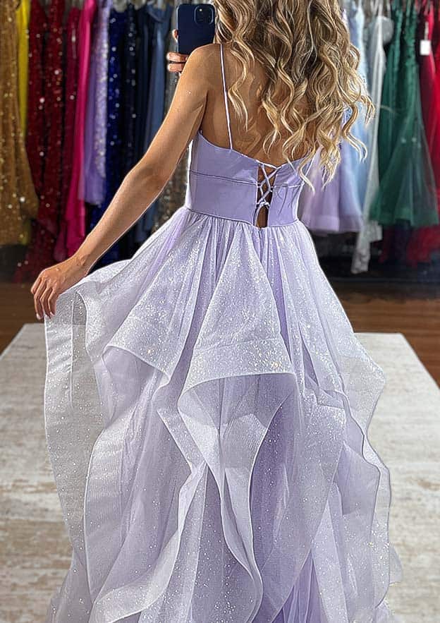 Glitter A-line V Neck Sleeveless Tulle Long Prom Dress with Ruffles