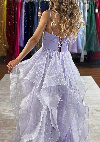 Glitter A-line V Neck Sleeveless Tulle Long Prom Dress with Ruffles