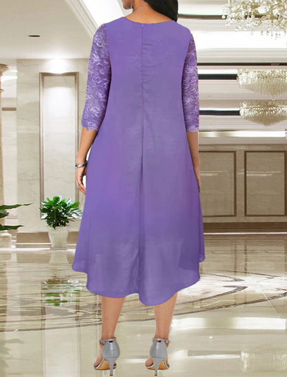 A-Line Mother of the Bride Dress Wedding Guest Elegant Plus Size Knee Length Chiffon Lace