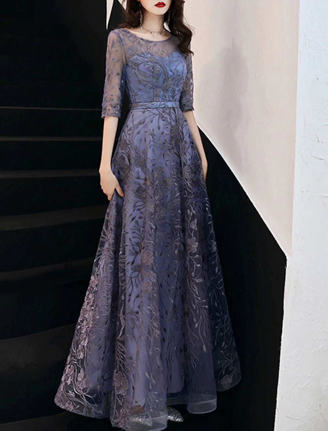 A-Line Evening Gown Wedding Guest Floor Length Half Sleeve Jewel Neck Tulle with Embroidery Pattern / Print