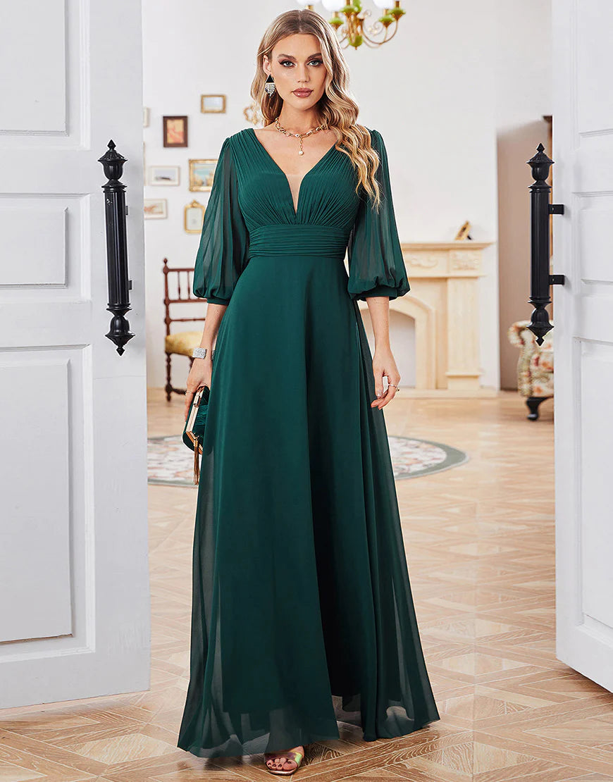 Dark Green A-line Long Sleeves V-neck Chiffon Mother of Bride Dress
