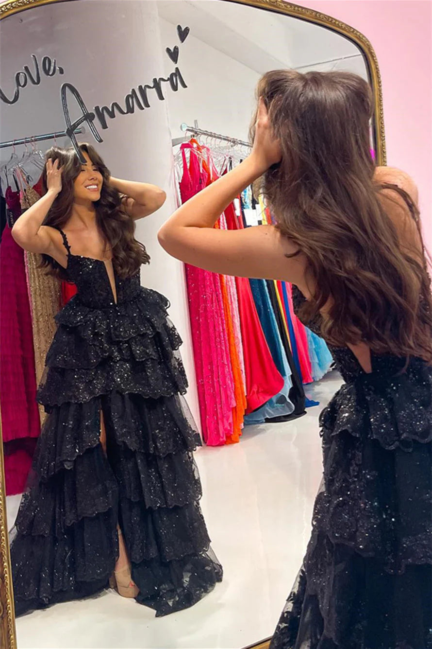 A-line Straps Multi-Layers Sequined Long Prom Dress with Slit