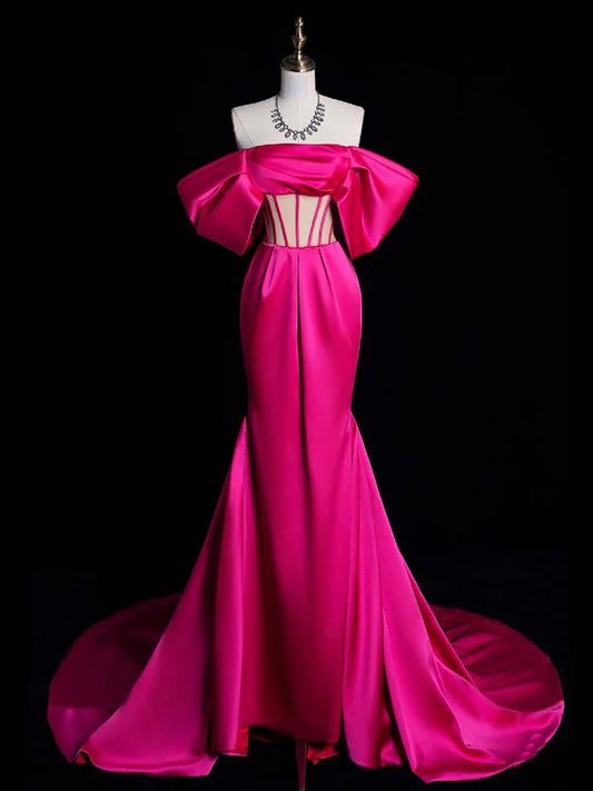 Simple Off Shoulder Mermaid Satin Formal Rose Red Long Prom Dress