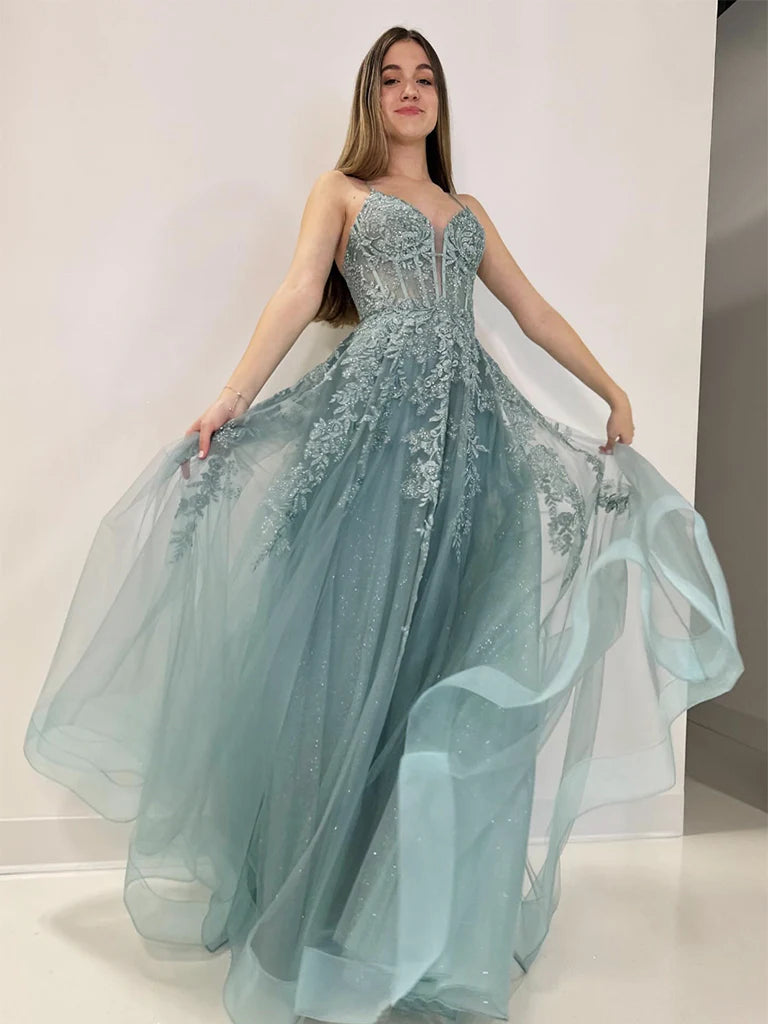 A-Line V Neck Tulle Lace Gray Green Long Prom Dress Formal Dress