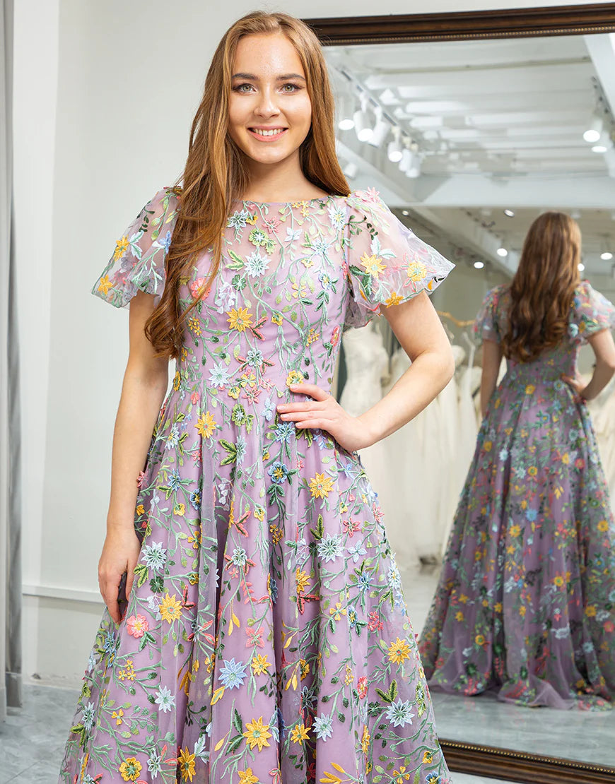 Mauve A-Line Embroidered Long Prom Dress With Appliqued