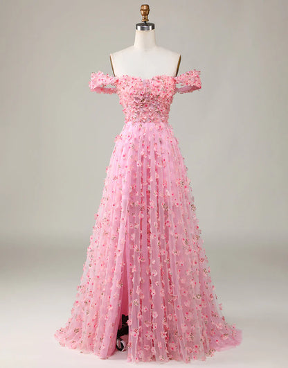 A-line Princess Off The Shoulder Prom Dress with 3D Flowers