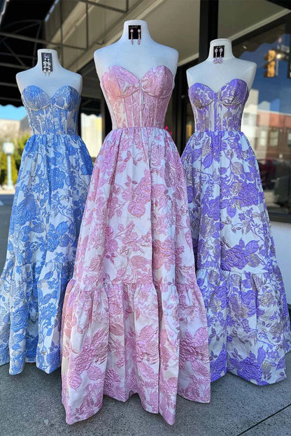 Strapless Floral Corset A-Line Long Prom Dress with Ruffle Hem
