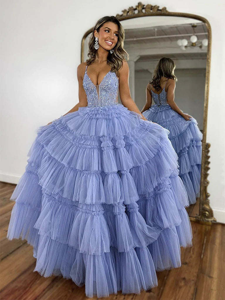 Ballgown Blue V Neck Lace Tulle Long Prom Dress Graduation Dress