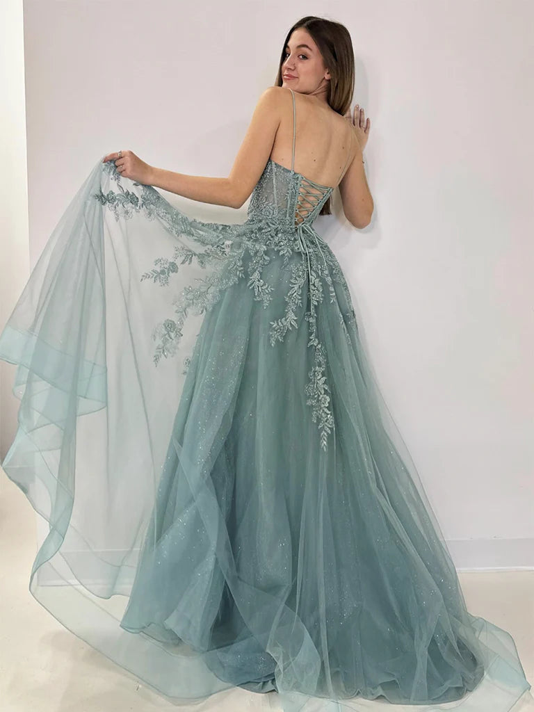 A-Line V Neck Tulle Lace Gray Green Long Prom Dress Formal Dress