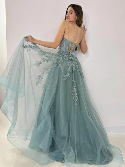 A-Line V Neck Tulle Lace Gray Green Long Prom Dress Formal Dress