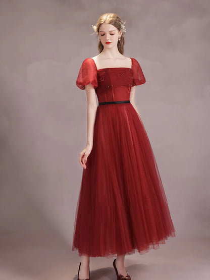 A-Line Burgundy Tulle Tea Length Prom Dress